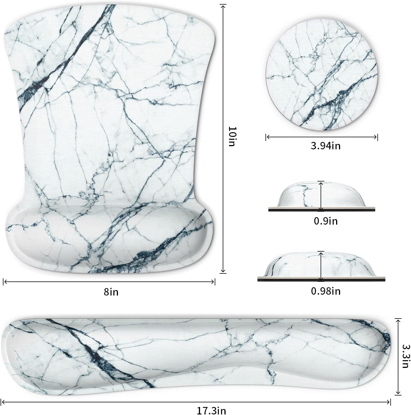 Wrist Rest Support Ergonomic Mouse Pad & Keyboard Set Memory Foam Non-Slip Rubber Base Cute Mouse Mat Coaster for Home,Computer,Office Easy Typing and Relieve Wrist Pain - White Marble