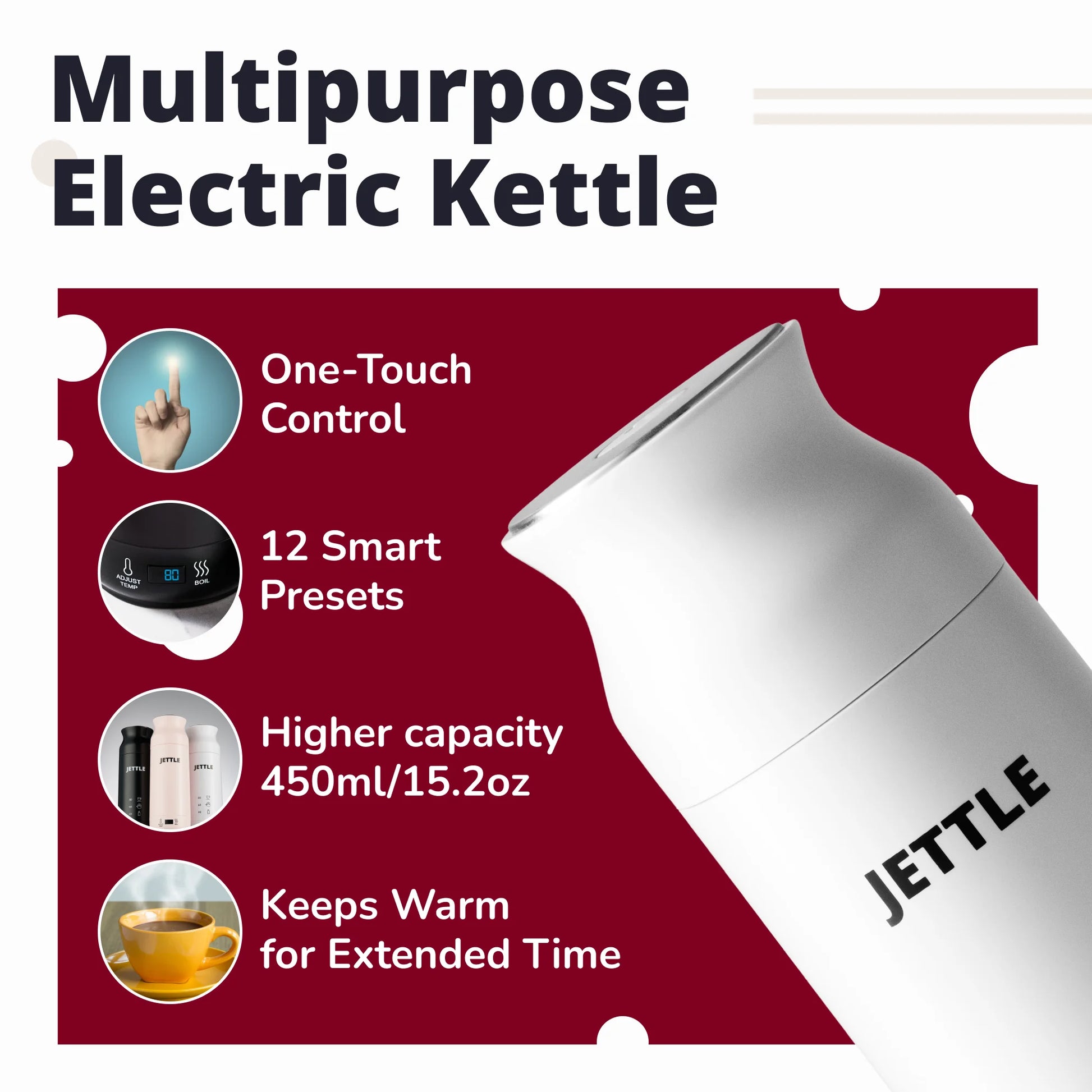 Electric Kettle 450Ml - Stainless Steel Temperature Control Bottle - Electric Tea Kettles Automatic Shut off for Coffee Milk Soup Water - White