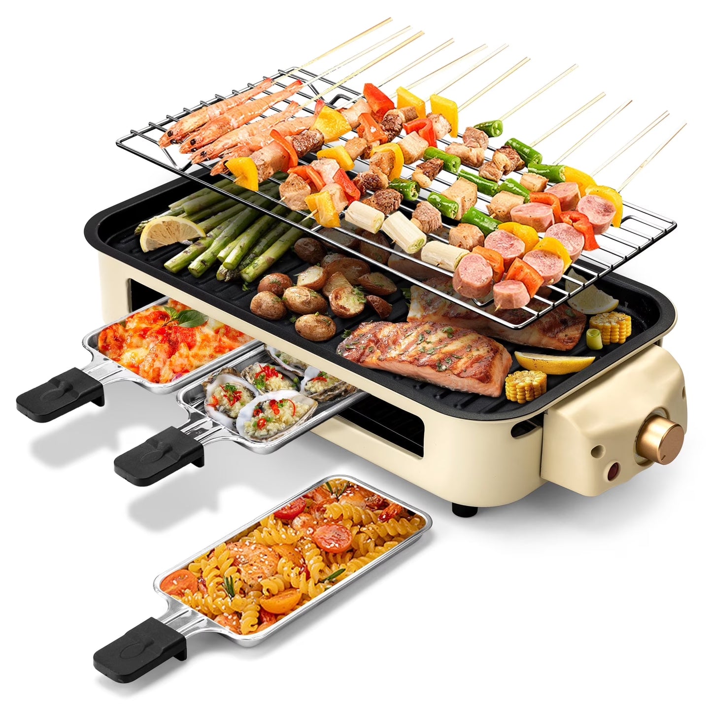 1500W Indoor Electric Smokeless Grill – Non-Stick Grill with 3 Mini Raclette Pans, Ideal for Grilling, Roasting & Frying, Easy to Clean (Beige)