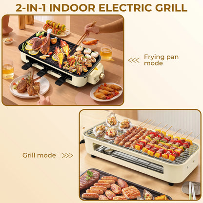 1500W Indoor Electric Smokeless Grill – Non-Stick Grill with 3 Mini Raclette Pans, Ideal for Grilling, Roasting & Frying, Easy to Clean (Beige)