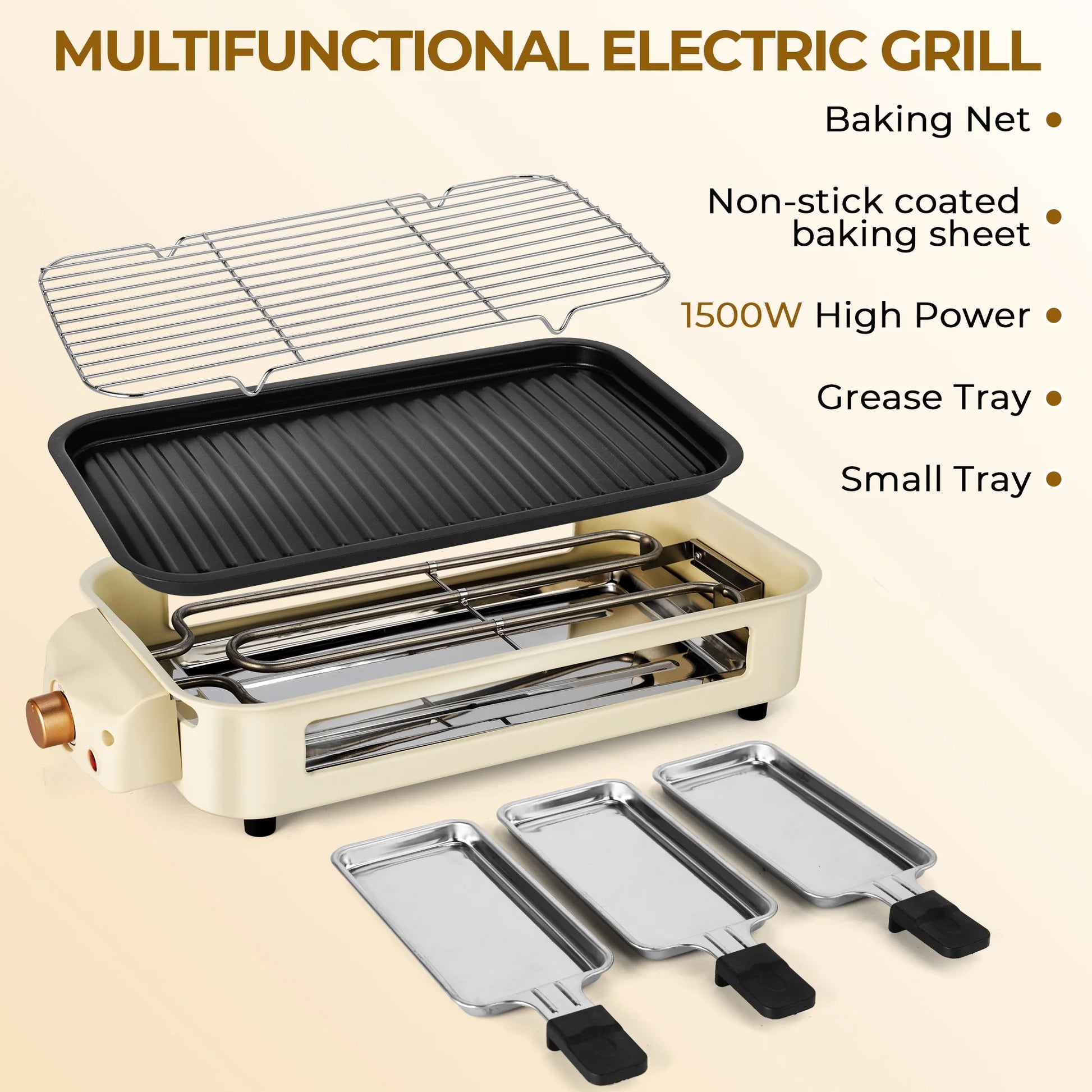 1500W Indoor Electric Smokeless Grill – Non-Stick Grill with 3 Mini Raclette Pans, Ideal for Grilling, Roasting & Frying, Easy to Clean (Beige)
