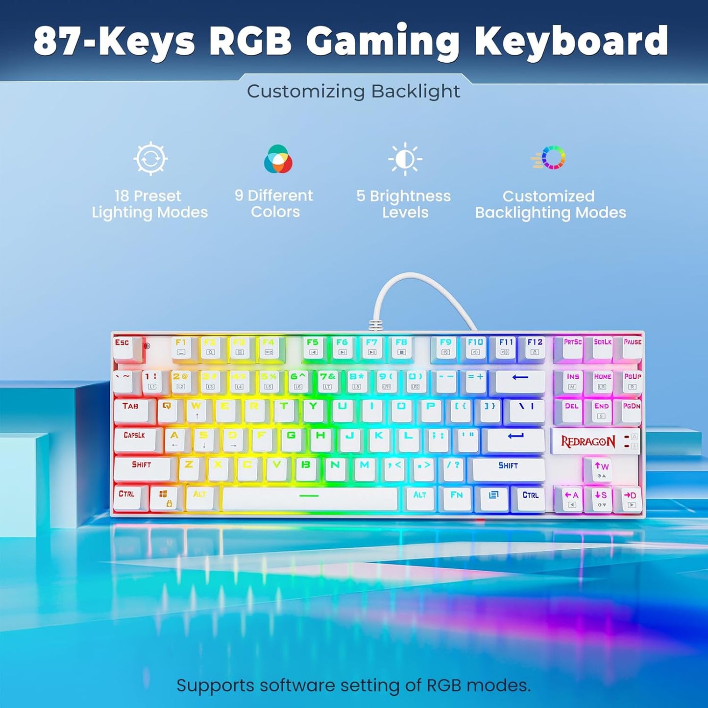 K552 Mechanical Gaming Keyboard 60% Compact 87 Key Kumara Wired Cherry MX Blue Switches Equivalent for Windows PC Gamers (RGB Backlit White)