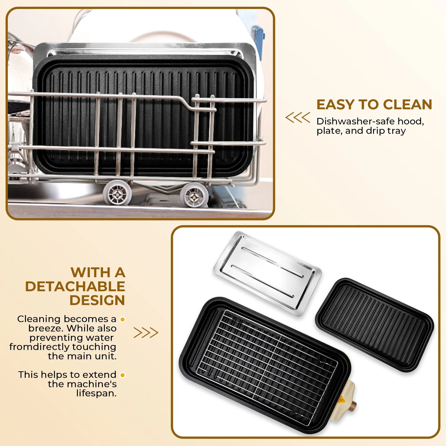 1500W Indoor Electric Smokeless Grill – Non-Stick Grill with 3 Mini Raclette Pans, Ideal for Grilling, Roasting & Frying, Easy to Clean (Beige)