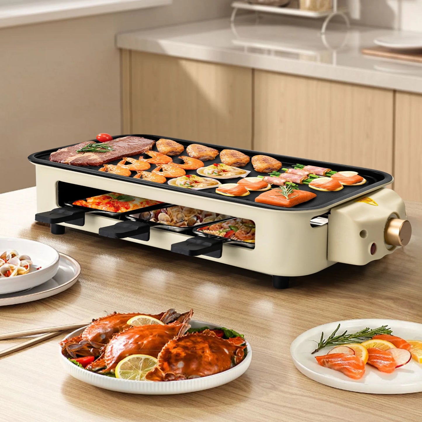 1500W Indoor Electric Smokeless Grill – Non-Stick Grill with 3 Mini Raclette Pans, Ideal for Grilling, Roasting & Frying, Easy to Clean (Beige)