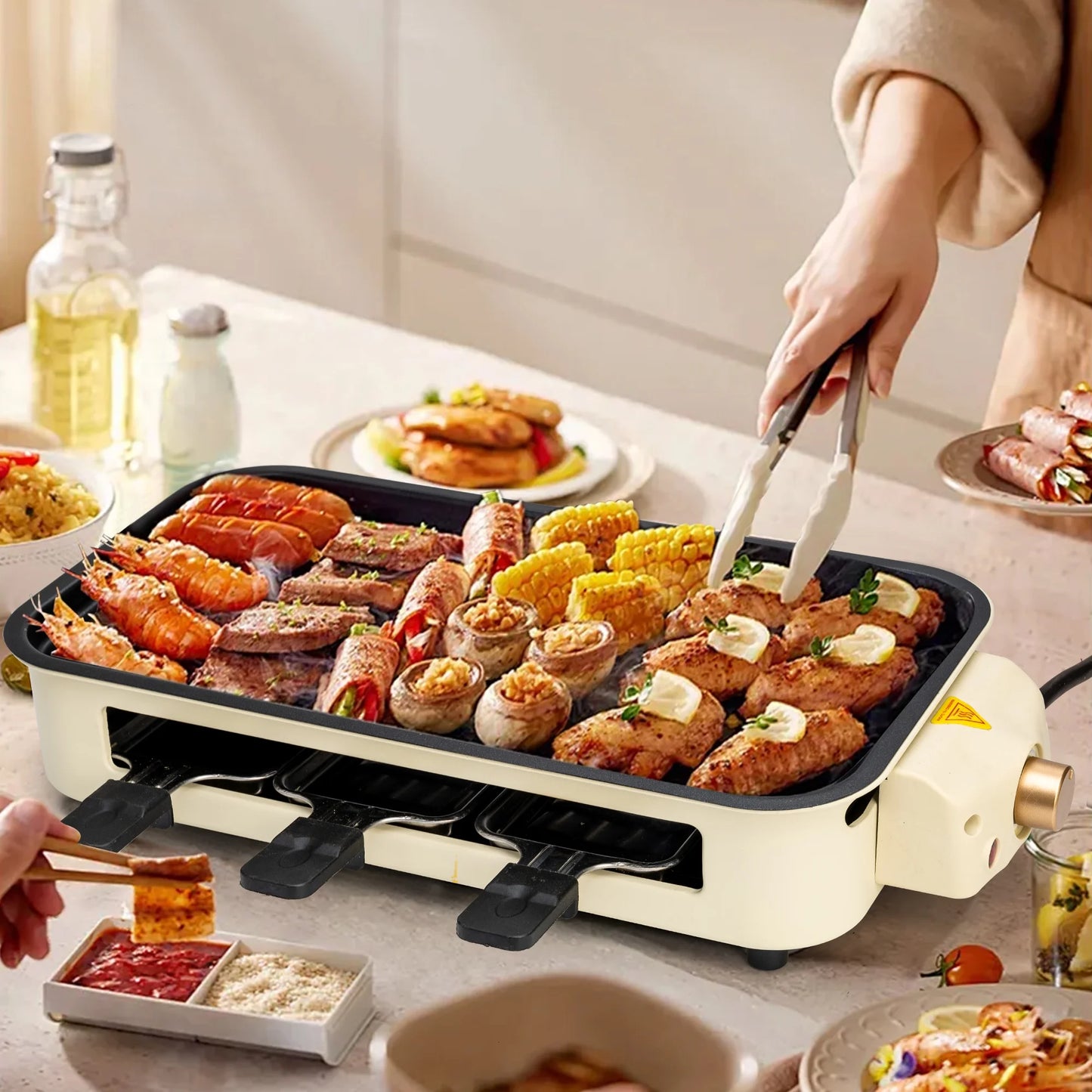 1500W Indoor Electric Smokeless Grill – Non-Stick Grill with 3 Mini Raclette Pans, Ideal for Grilling, Roasting & Frying, Easy to Clean (Beige)