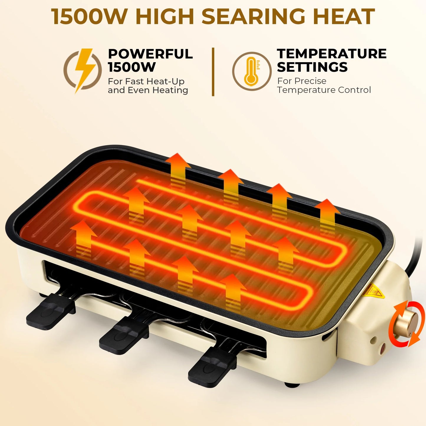 1500W Indoor Electric Smokeless Grill – Non-Stick Grill with 3 Mini Raclette Pans, Ideal for Grilling, Roasting & Frying, Easy to Clean (Beige)