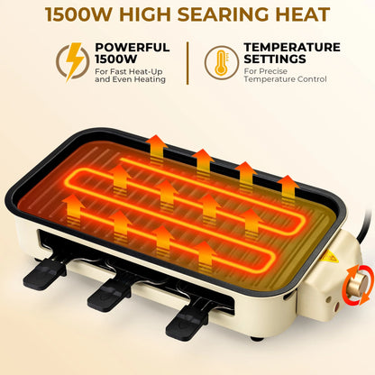 1500W Indoor Electric Smokeless Grill – Non-Stick Grill with 3 Mini Raclette Pans, Ideal for Grilling, Roasting & Frying, Easy to Clean (Beige)