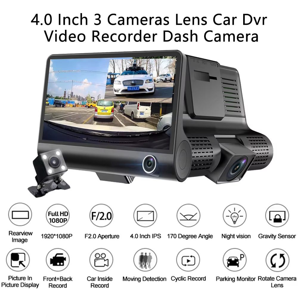 【Triple Lens System】4" 3-Channel Dash Cam - Front/Rear/Interior Car DVR with Night Vision, 24H Parking Mode, Loop Recording