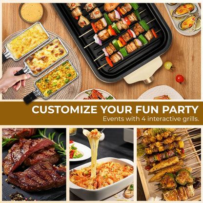 1500W Indoor Electric Smokeless Grill – Non-Stick Grill with 3 Mini Raclette Pans, Ideal for Grilling, Roasting & Frying, Easy to Clean (Beige)