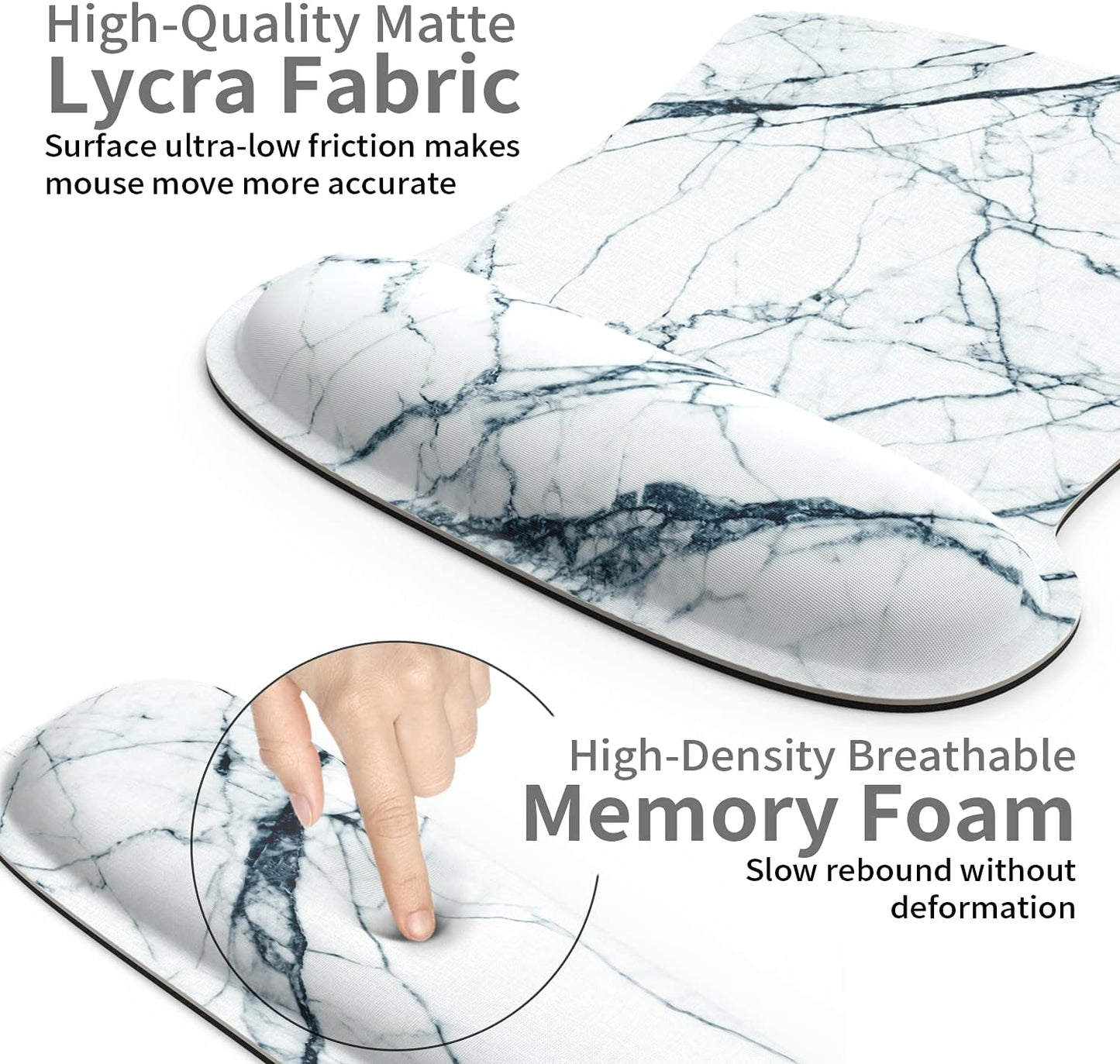 Wrist Rest Support Ergonomic Mouse Pad & Keyboard Set Memory Foam Non-Slip Rubber Base Cute Mouse Mat Coaster for Home,Computer,Office Easy Typing and Relieve Wrist Pain - White Marble