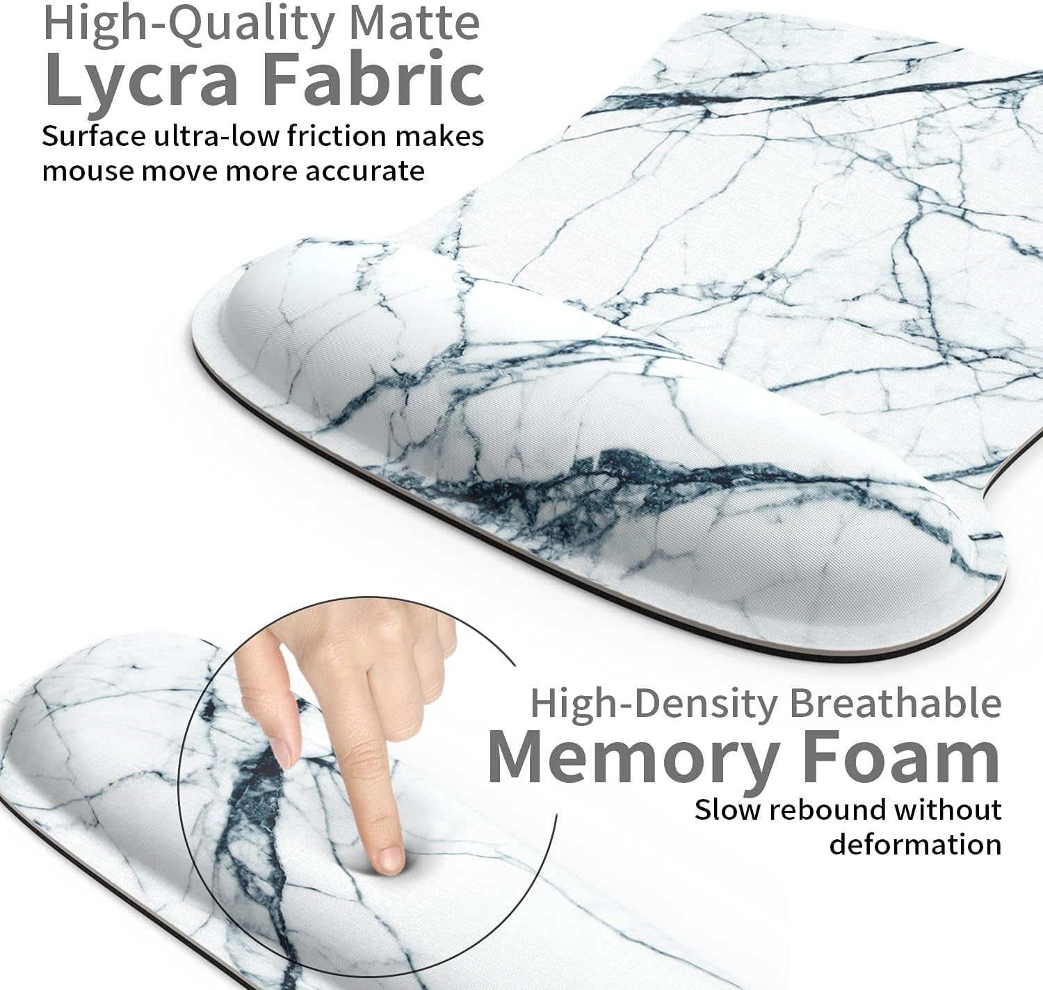 Wrist Rest Support Ergonomic Mouse Pad & Keyboard Set Memory Foam Non-Slip Rubber Base Cute Mouse Mat Coaster for Home,Computer,Office Easy Typing and Relieve Wrist Pain - White Marble