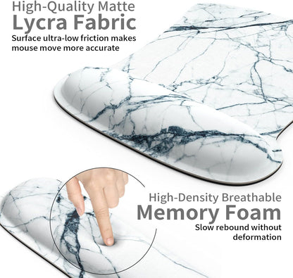 Wrist Rest Support Ergonomic Mouse Pad & Keyboard Set Memory Foam Non-Slip Rubber Base Cute Mouse Mat Coaster for Home,Computer,Office Easy Typing and Relieve Wrist Pain - White Marble
