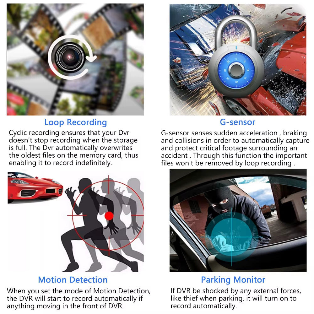 【Triple Lens System】4" 3-Channel Dash Cam - Front/Rear/Interior Car DVR with Night Vision, 24H Parking Mode, Loop Recording