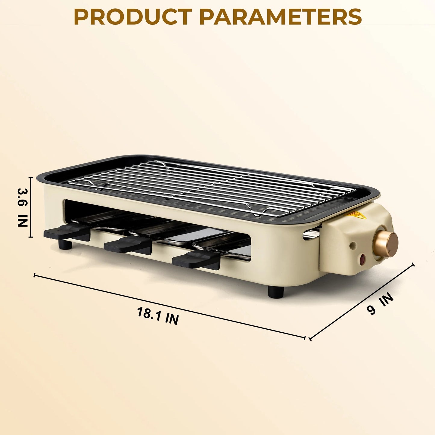 1500W Indoor Electric Smokeless Grill – Non-Stick Grill with 3 Mini Raclette Pans, Ideal for Grilling, Roasting & Frying, Easy to Clean (Beige)