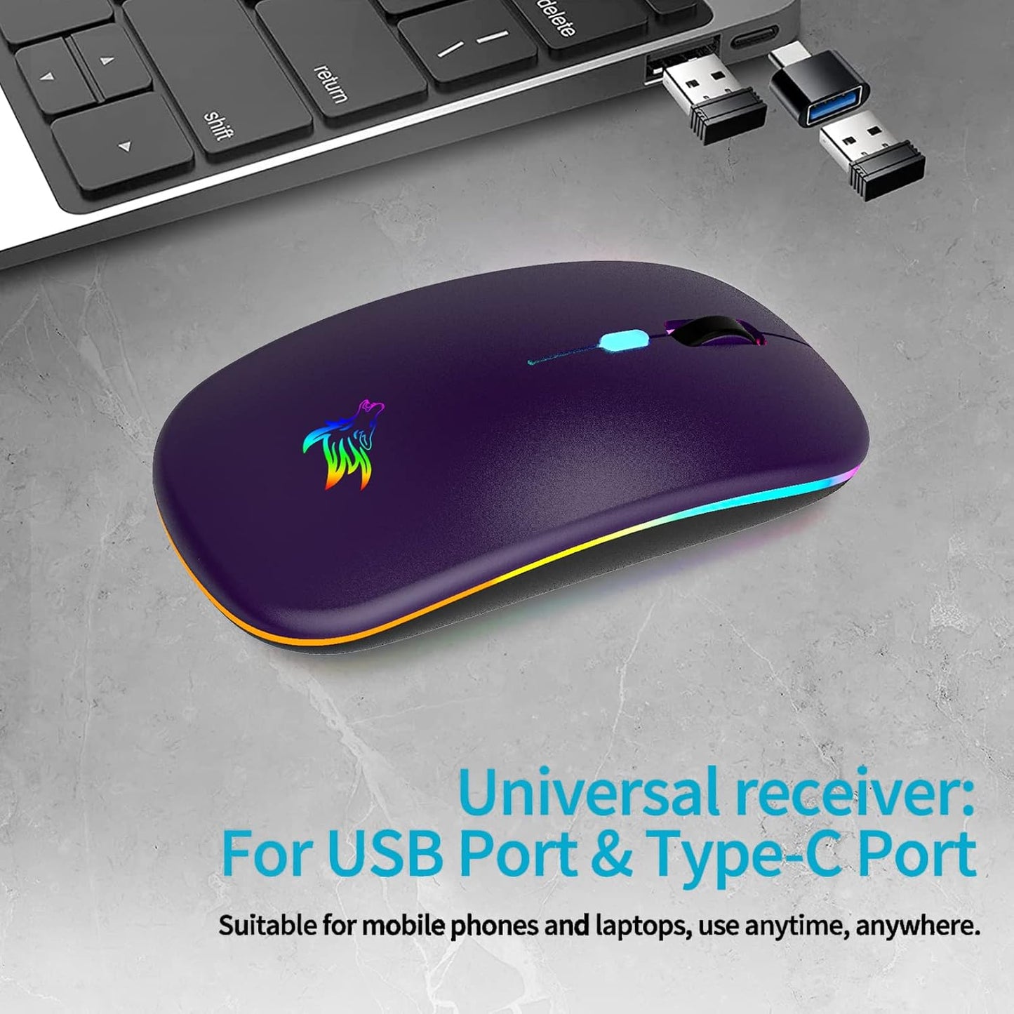 Wireless Mouse-Led Wireless Computer Mouse-Rechargeable Slim Silent Mouse-2.4G Portable Mouse-Optical Wireless Computer Mice-Tpye-C Mouse with USB Receiver-Wireless Mouse for Laptop-Notebook-Desktop